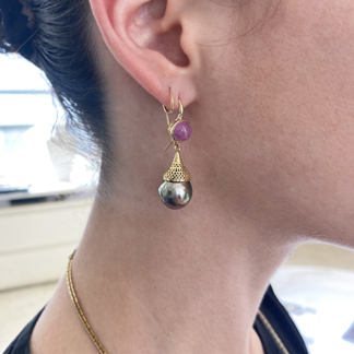 Pink Sapphire and Tahitian Pearl Drop Earrings