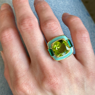 Peridot and Emerald Enamel Ring