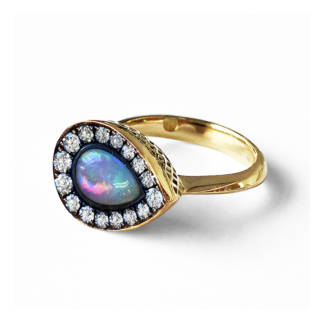 East West Pear Shaped Opal and Diamond Ring
