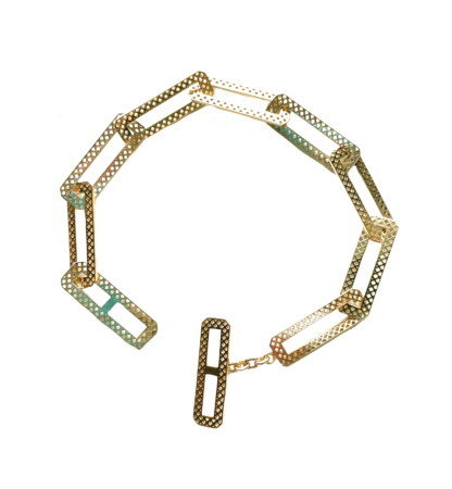this is a rectangle crownwork link bracelet with diamond toggle