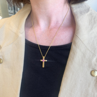 18k Yellow Gold and Pink Sapphire cross necklace