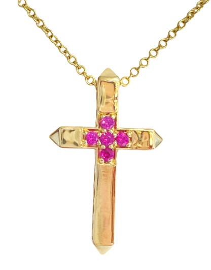 Yellow Gold and Pink Sapphire cross necklace
