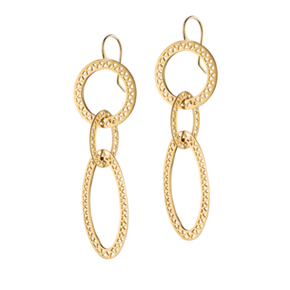 This is a pair of 18k Yellow Gold mixed shape crownwork® hoop earrings