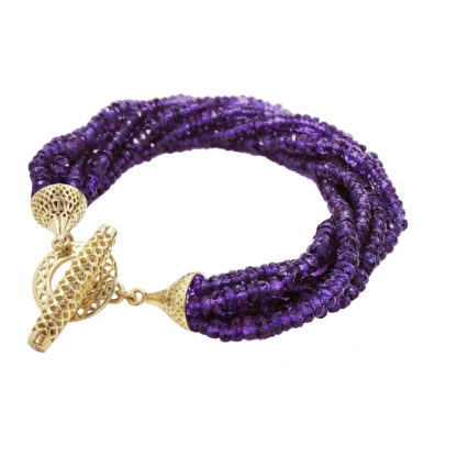 this is a multi strand amethyst finial bracelet