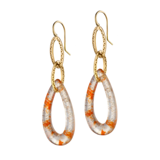 The earrings in this image feature red moss agate drops with 18k yellow gold links on top