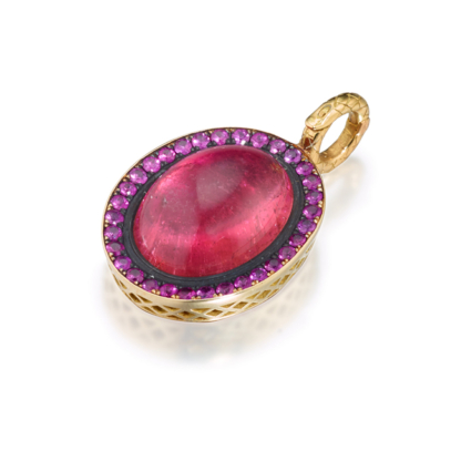 This is an image an image of a bright pink pendant with a detachable bale