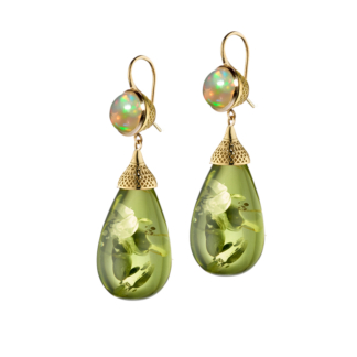 This is a photo of a pair of opal earrings set in 18k Yellow Gold with green amber drops