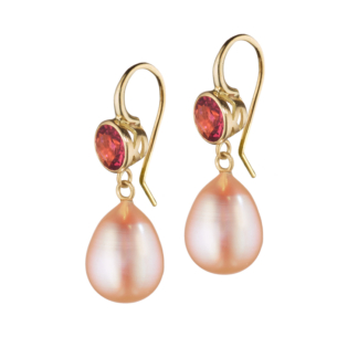 This is a photo of our pink zircon earrings bezel set on hooks with blush pearl drops