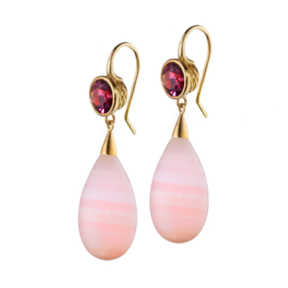 This is a photo of bezel set garnet earrings with pink aragonite drop earrings