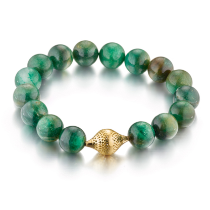 This image shows a stretch bracelet made with Emerald beads, it is fine jewelry and unisex