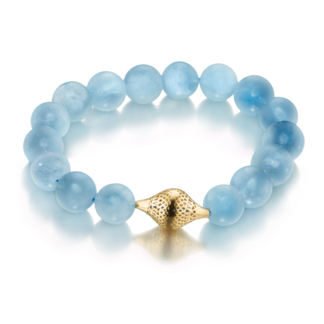 This image shows a stretch bracelet made with Aquamarine beads, it is fine jewelry and unisex