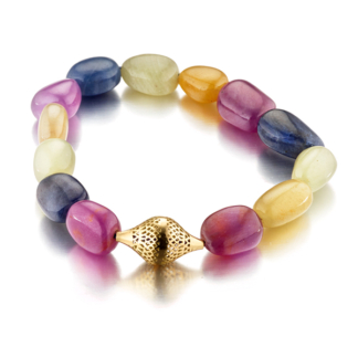 This image shows a stretch bracelet made with multi colored sapphire beads, it is fine jewelry and unisex