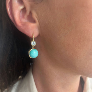 This is an blue topaz earring with turquoise bezel set drop