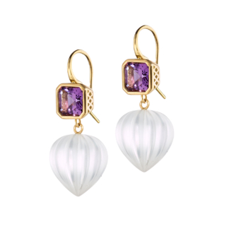 this is an amethyst earring with frosted quartz drops