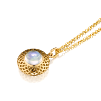 This is an image of our crownwork pillow top pendant necklace bezel set with a moonstone
