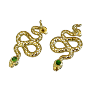 This is a product image of 18k yellow gold snake earrings with tsavorite set in the head and the eyes