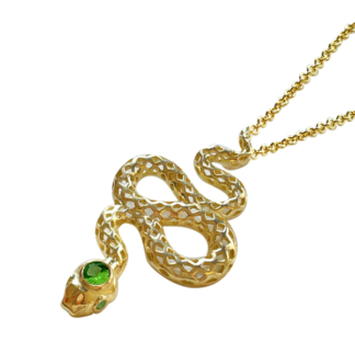 This the product image for an 18k Yellow Gold Snake pendant with tsavorites