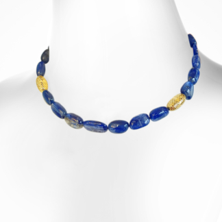This is an image of a bright blue kyanite rough stone necklace with 2 gold beads