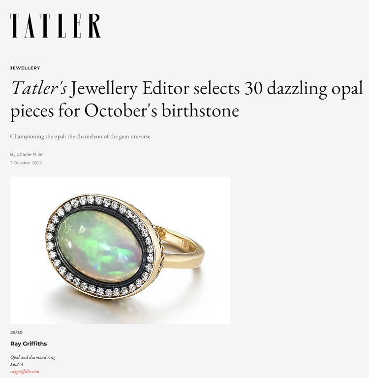 This is an opal ring surround by diamonds (in oxidized silver) featured in an opal birthstone story by Tatler