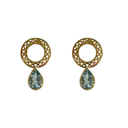 These are gold hoop earrings on a post with bezel set blue topaz pear shaped drops