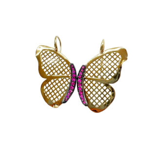 18k Yellow Gold crownwork® butterfly earrings featuring pave pink sapphire center