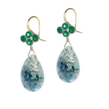 This is an image of Aquaprase™ drop earrings with 4 emeralds set in a four lead clover on the wire