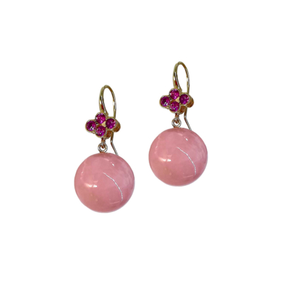 This is an image of pink peruvian opal drop earrings with 4 pink sapphires set in a clover on 18k yellow gold wires