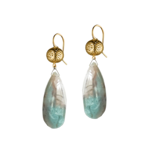 This is a photo of a pair of blue/green aquaprase drop earrings hanging of a 18k yellow gold ball on a wire