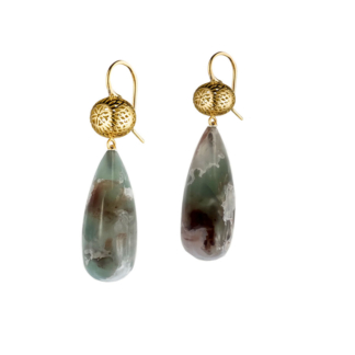 This is a photo of Aquaprase drop earrings with 18k Yellow Gold Crownwork tops