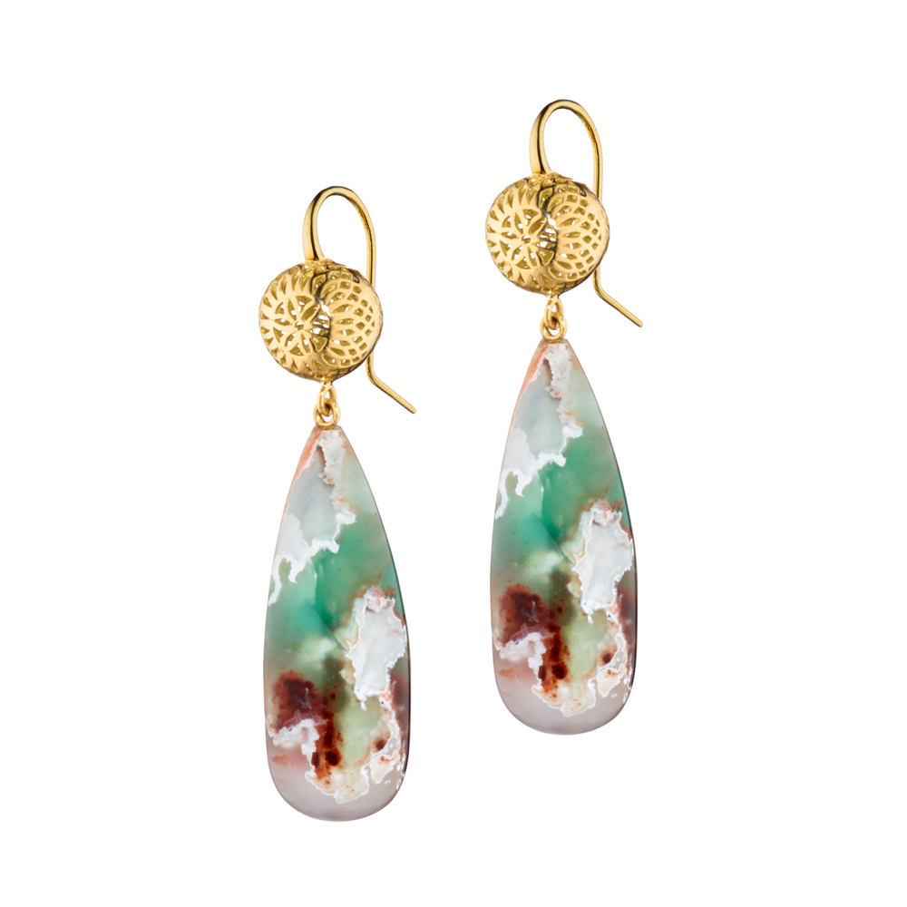This is a product image of yellow gold crownwork ball earrings with aquaprase gemstone drops
