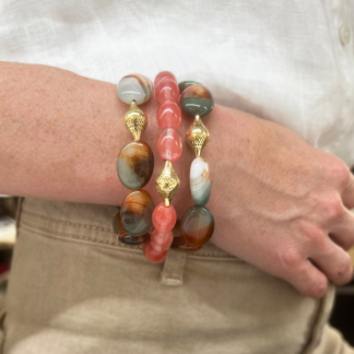 Showing our main image for Oval Banded Agate stretch bracelet being work stacked with another bracelet