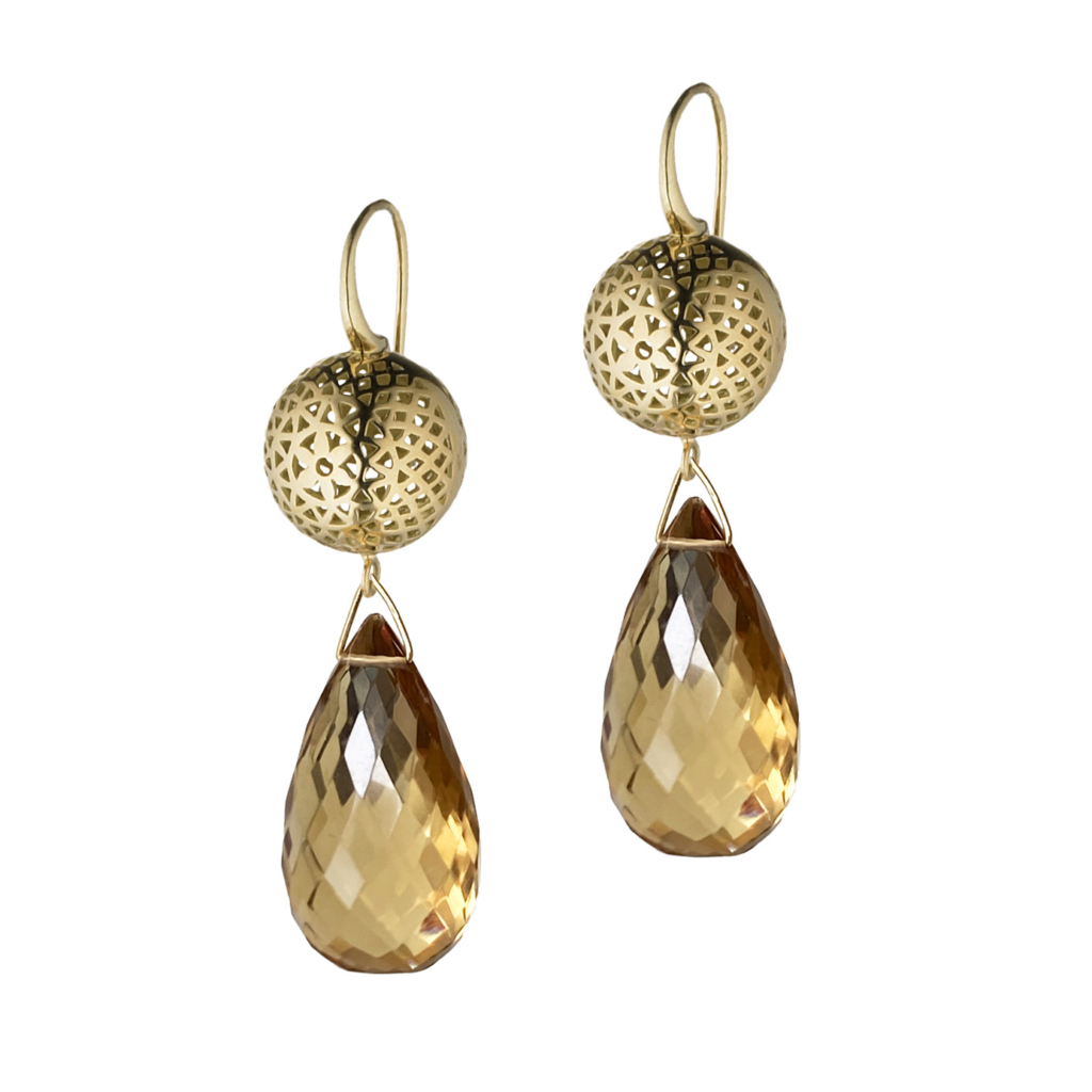 This is a photo of a pair of gold crownwork and citrine drop earrings