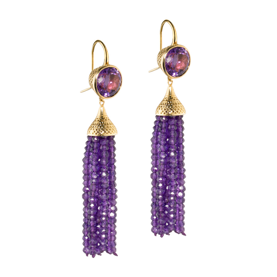 This is a photo of a pair of amethyst tassle earrings