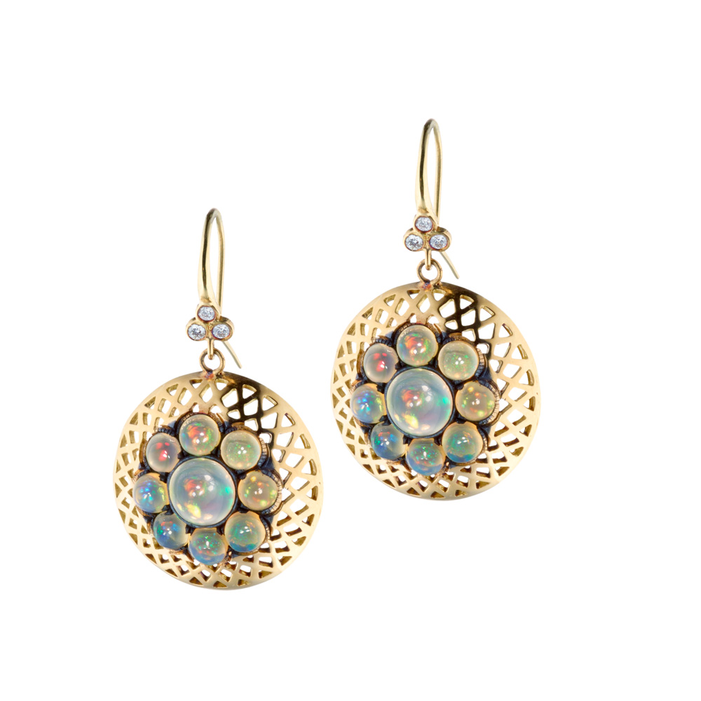 This is a pair of 18k yellow gold Crownwork disc earrings on triple diamond hooks with opals set in oxidized silver 