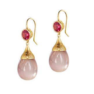 This is an image of bright pink rhodolite garnet earrings on hooks with pale pink rose quartz drops