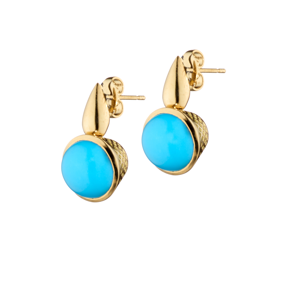 This is a photo of a pair of 18k yellow gold 10mm Crownwork bezel set turquoise earrings on teardrop posts