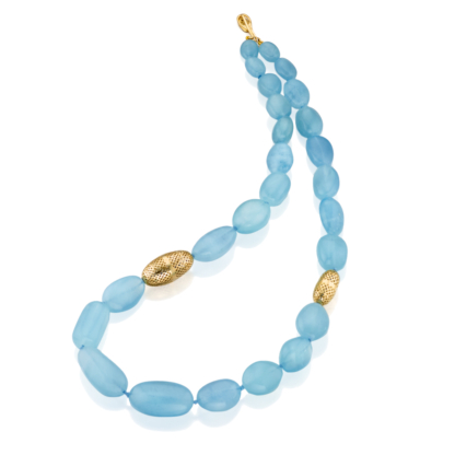 This is a photo of a luscious aquamarine beaded necklace with 18k yellow gold olive beads