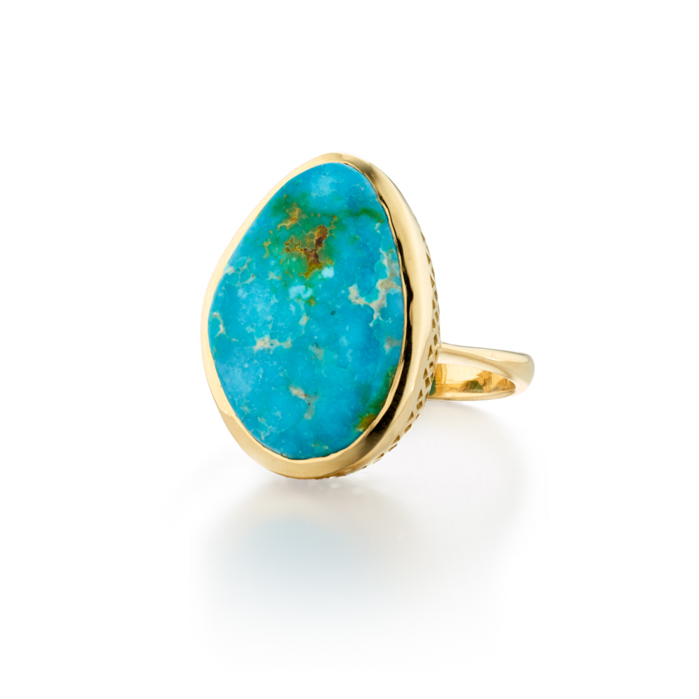 This is a photo of an 18k yellow gold crownwork ring with Sonaoran Turquoise gemstone
