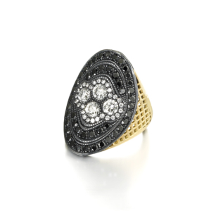 This is an image of a black and white diamond regency ring