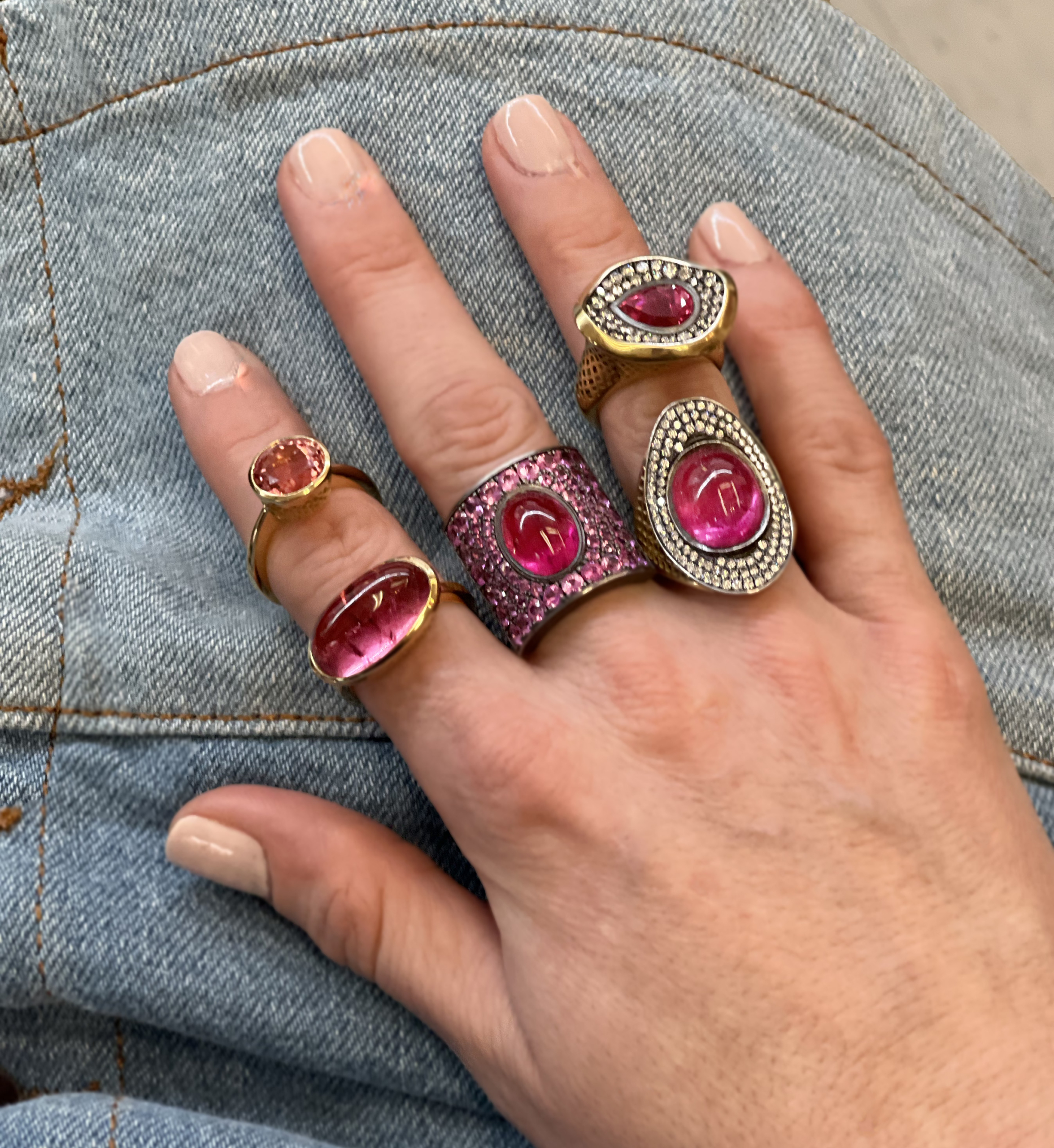 This is a group photo of pink tourmaline cocktail rings