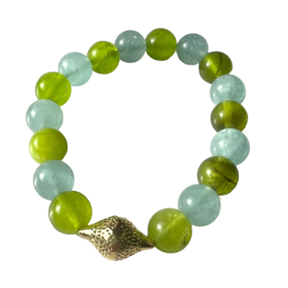 This is an image of a green and blue stretch bracelet featuring jade and aquamarine beads