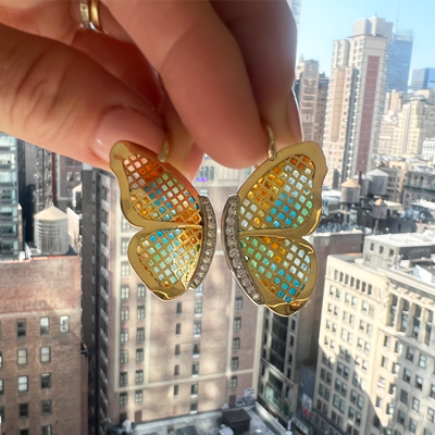 Enamel Yellow Gold Butterfly earrings with diamond earrings