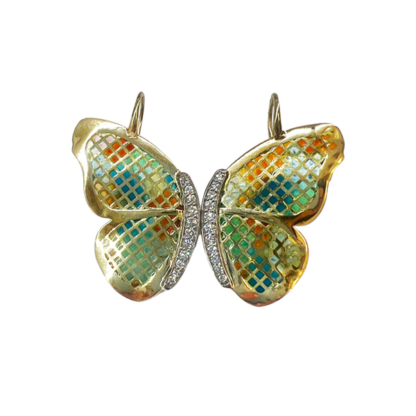 This is a photo of gold butterfly earring with plique a jour enamel and diamond details