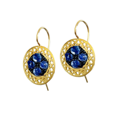 This is a photo of 18k yellow gold Round crownwork disc set with blue sapphires in oxidized silver on hooks