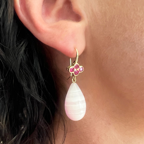 This image is to show what the pink sapphire and pink aragonite earrings look like being worn