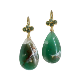 This is a product shot of a pair of green sapphire and aquaprase earrings