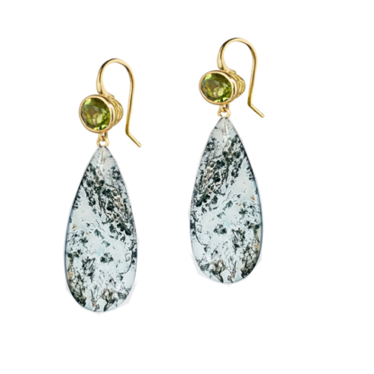 This is a product shot of a pair of green tourmaline earrings with moss agate drops
