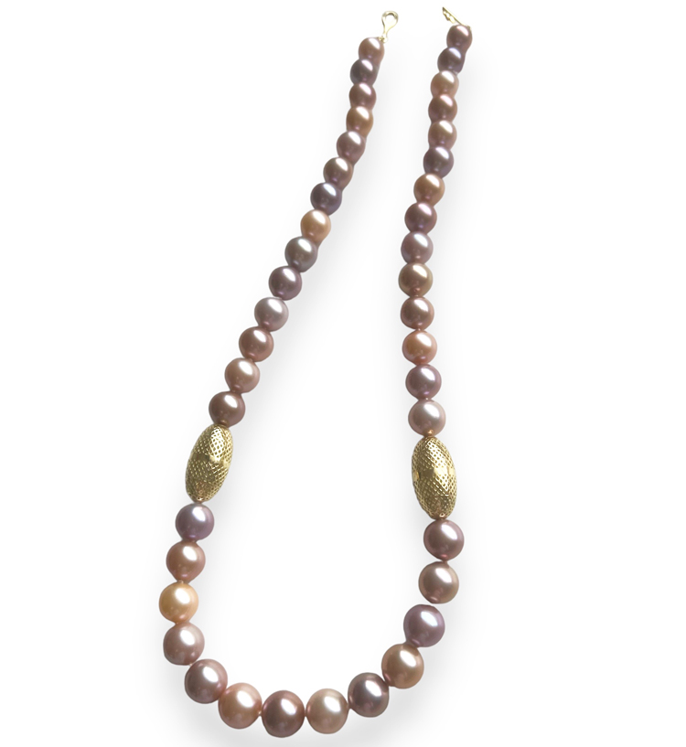 This is an image of a multicolored pearl necklace with gold accents