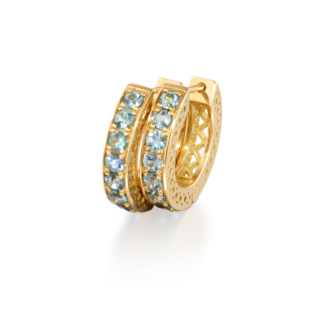 This is the product shot for a pair of 18k Yellow Gold huggie hoops earrings with pave green sapphire gemstones