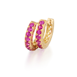 This is the product shot for a pair of 18k Yellow Gold huggie hoops earrings with pave dark pink sapphire gemstones